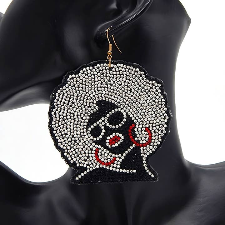 Afro Girl Rhinestone Patch Hook Earrings
