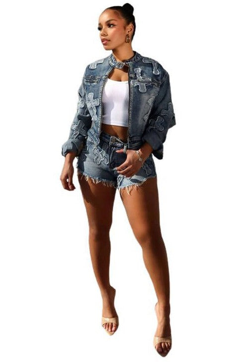 DENIM TWO PIECE SHORT SET