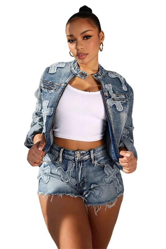 DENIM TWO PIECE SHORT SET