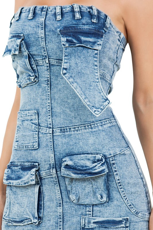 CARGO MINI STRAPLESS DENIM DRESS