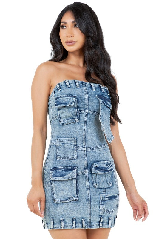 CARGO MINI STRAPLESS DENIM DRESS