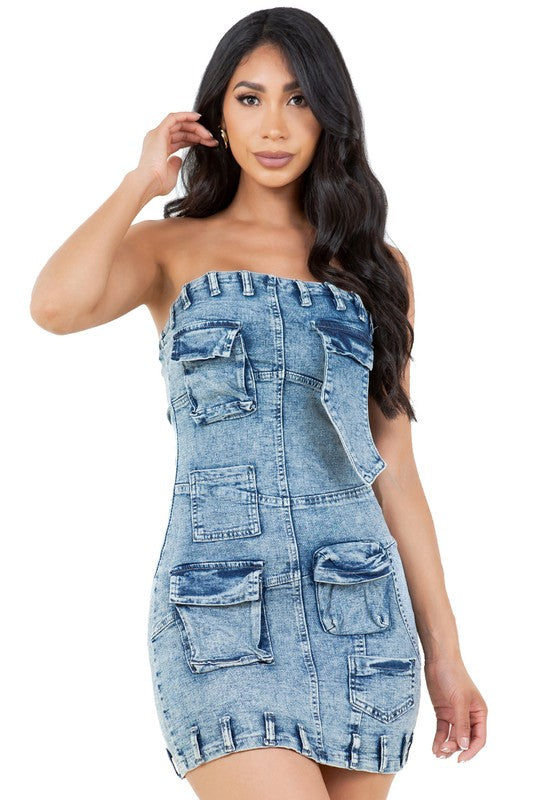 CARGO MINI STRAPLESS DENIM DRESS