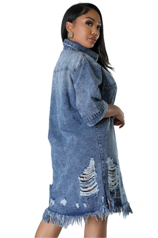 BADDIE DISTRESSED DENIM DRESS