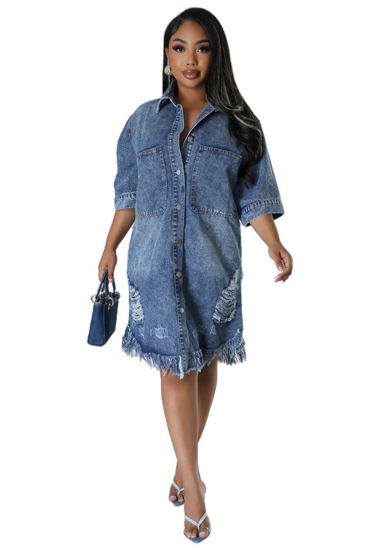 BADDIE DISTRESSED DENIM DRESS