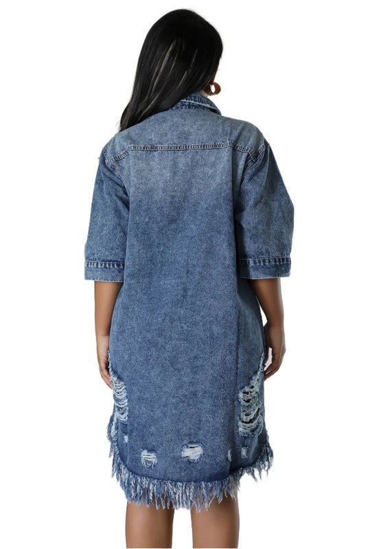 BADDIE DISTRESSED DENIM DRESS