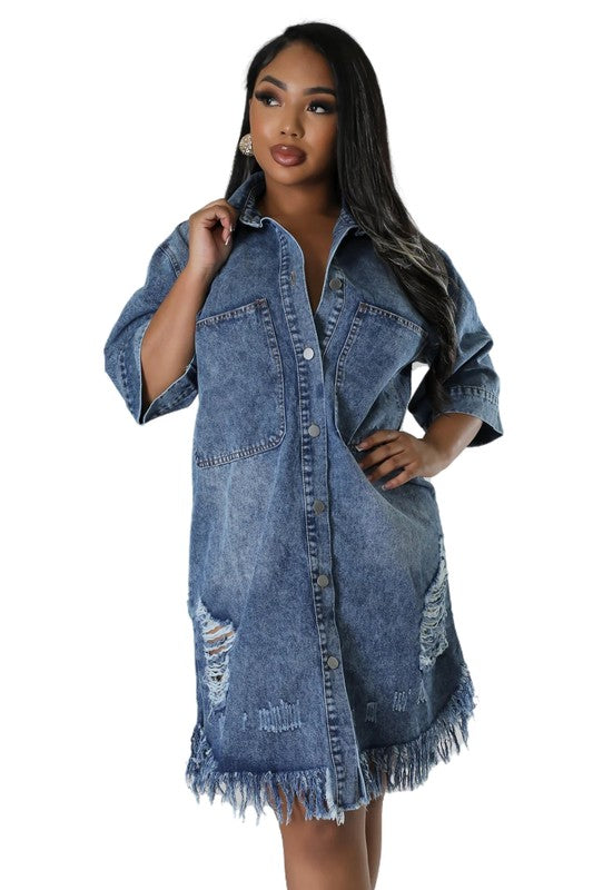 BADDIE DISTRESSED DENIM DRESS