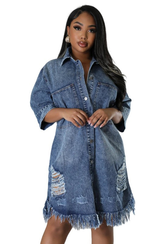 BADDIE DISTRESSED DENIM DRESS