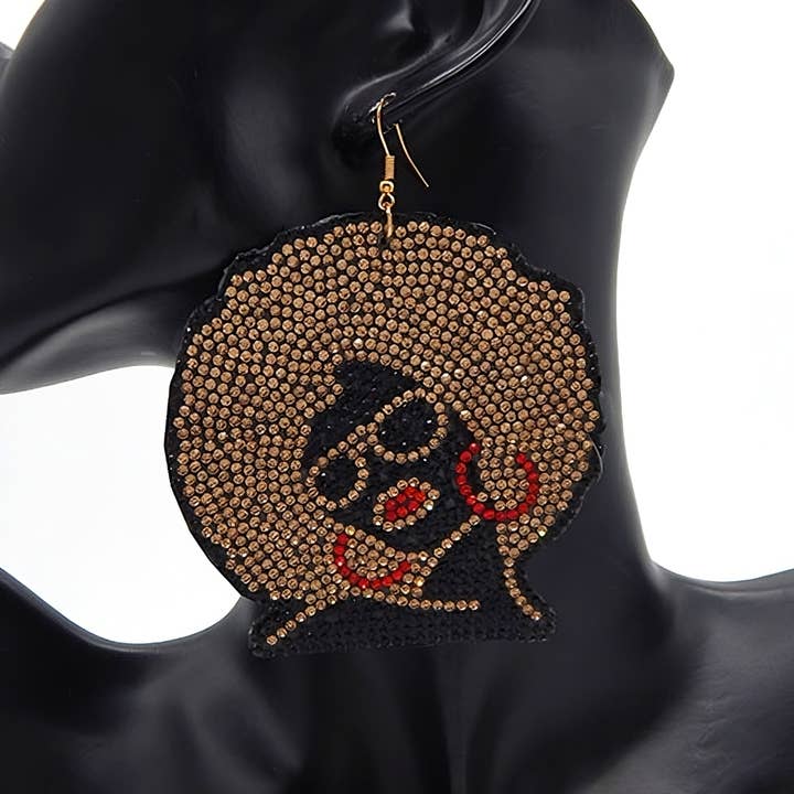 Afro Girl Rhinestone Patch Hook Earrings