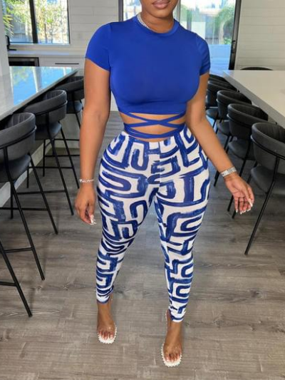Aztec Blu Tie Top & Print Legging Set