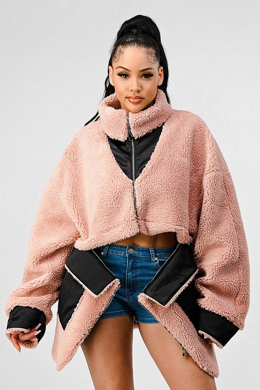 BLUSH AND CAMEL OVERSIZED SHERPA WITH CONTRAST JACKET