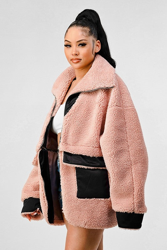 BLUSH AND CAMEL OVERSIZED SHERPA WITH CONTRAST JACKET