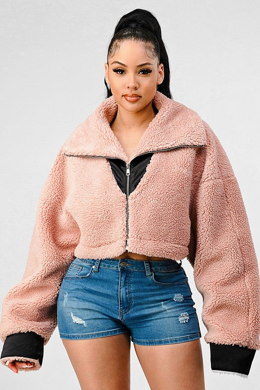 BLUSH AND CAMEL OVERSIZED SHERPA WITH CONTRAST JACKET