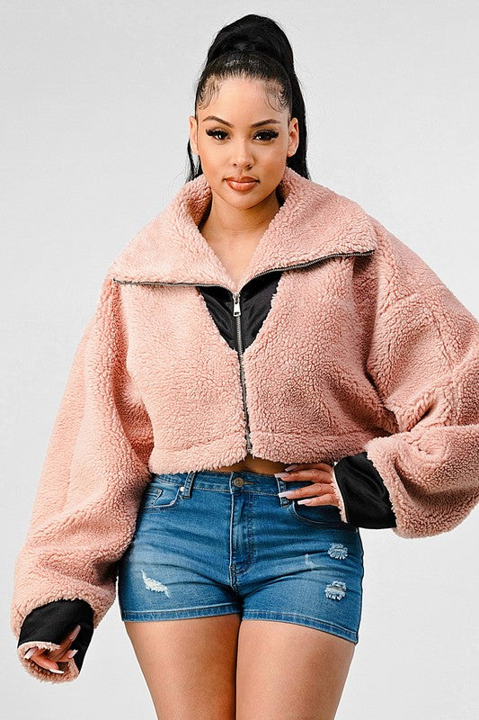 BLUSH AND CAMEL OVERSIZED SHERPA WITH CONTRAST JACKET