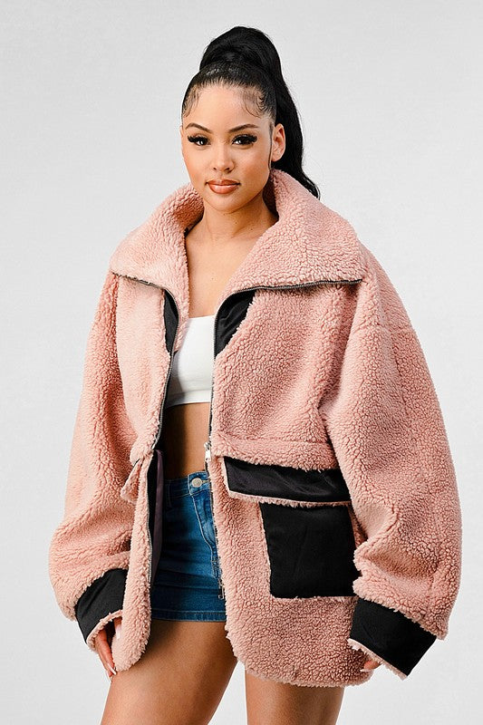 BLUSH AND CAMEL OVERSIZED SHERPA WITH CONTRAST JACKET