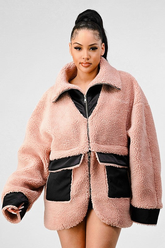 BLUSH AND CAMEL OVERSIZED SHERPA WITH CONTRAST JACKET