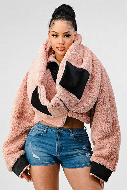 BLUSH AND CAMEL OVERSIZED SHERPA WITH CONTRAST JACKET