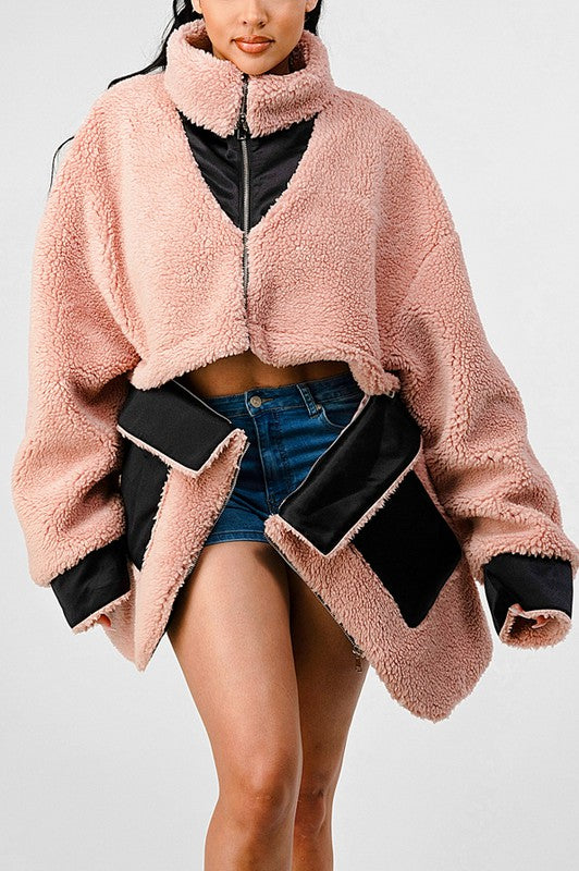 BLUSH AND CAMEL OVERSIZED SHERPA WITH CONTRAST JACKET