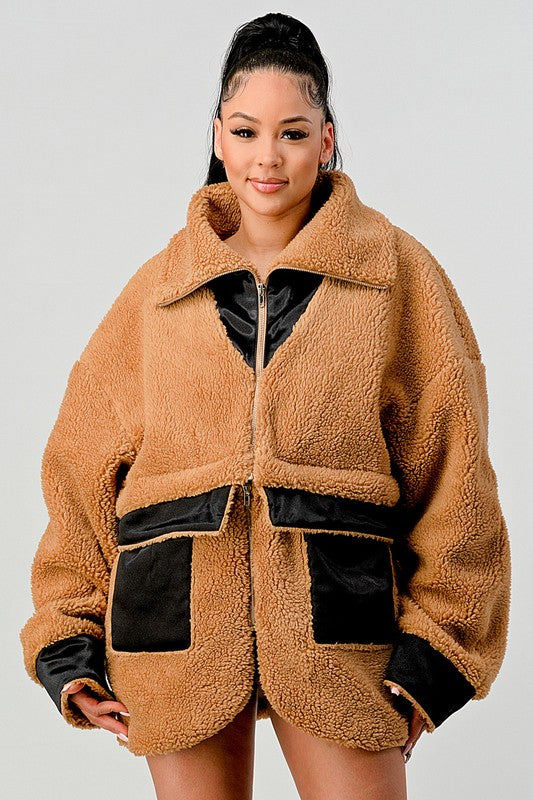 BLUSH AND CAMEL OVERSIZED SHERPA WITH CONTRAST JACKET