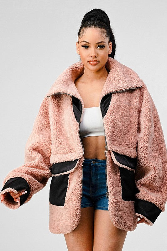 BLUSH AND CAMEL OVERSIZED SHERPA WITH CONTRAST JACKET