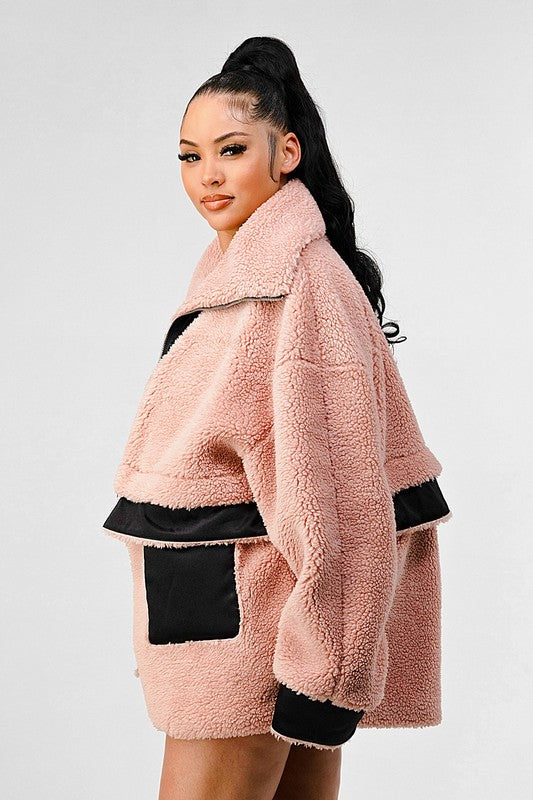 BLUSH AND CAMEL OVERSIZED SHERPA WITH CONTRAST JACKET