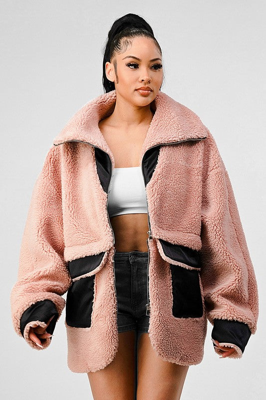 BLUSH AND CAMEL OVERSIZED SHERPA WITH CONTRAST JACKET