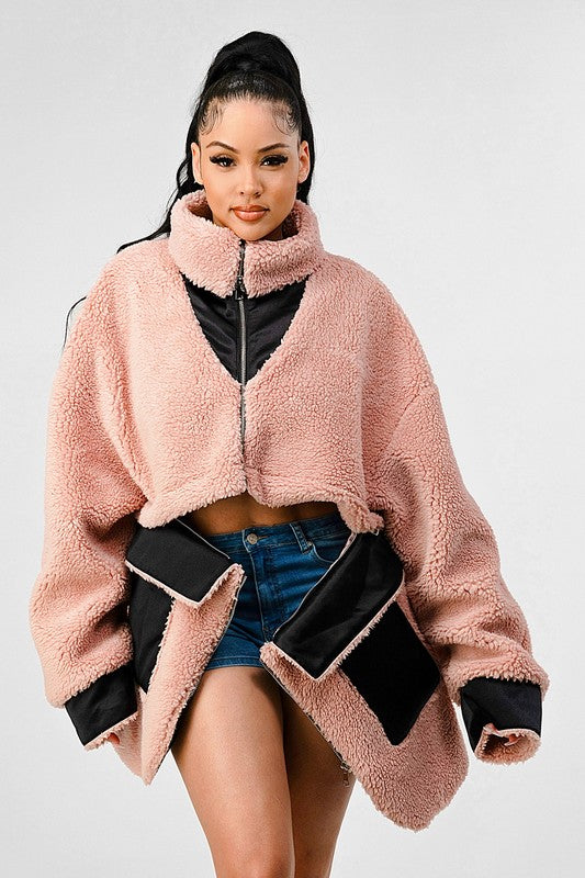 BLUSH AND CAMEL OVERSIZED SHERPA WITH CONTRAST JACKET