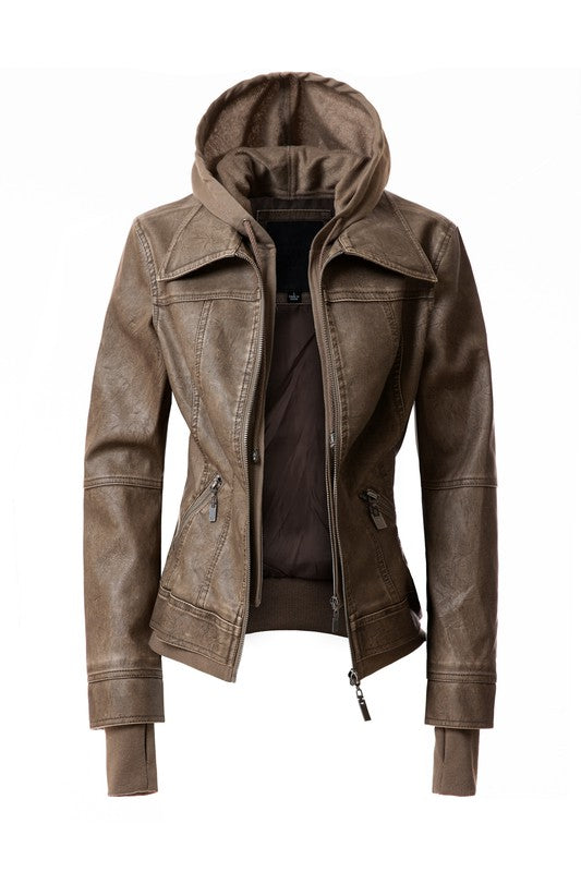 On Trend Hood PU Leather Jacket