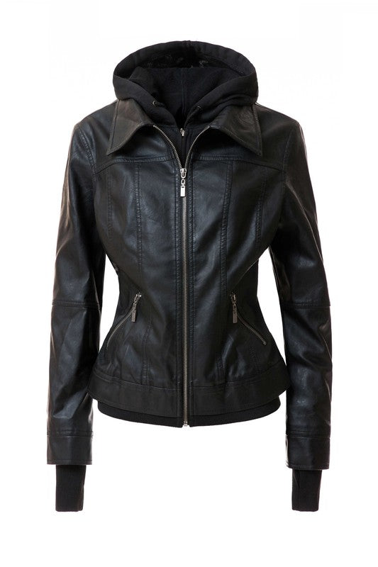 On Trend Hood PU Leather Jacket