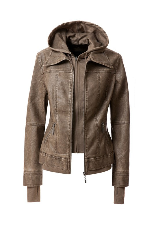 On Trend Hood PU Leather Jacket