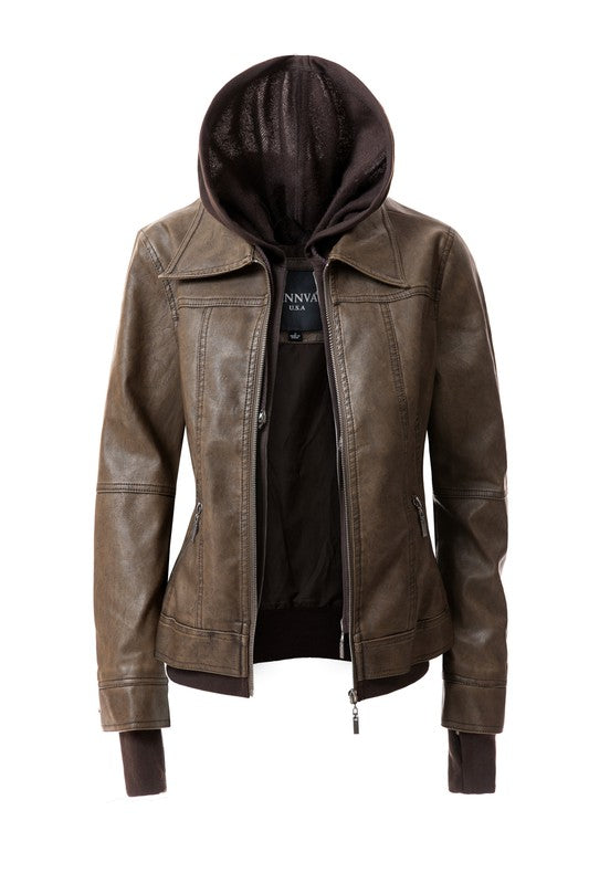 On Trend Hood PU Leather Jacket