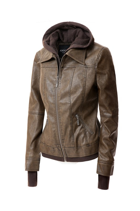 On Trend Hood PU Leather Jacket