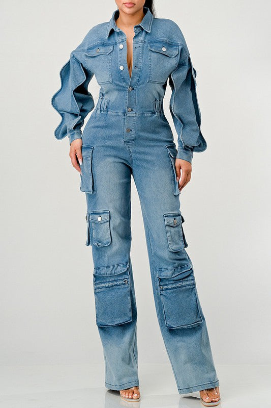 ATHINA FAMOUS DENIM CARGO RUFFLE SLEEVE JUMPSUIT