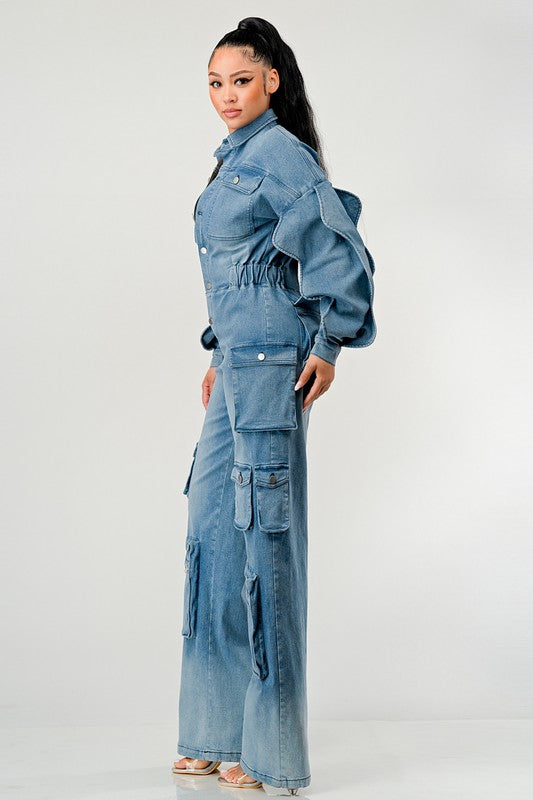 ATHINA FAMOUS DENIM CARGO RUFFLE SLEEVE JUMPSUIT