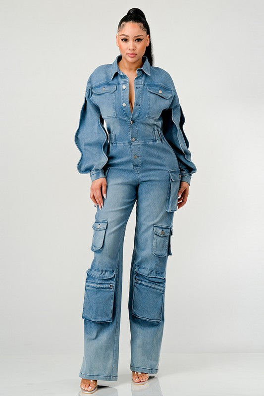 ATHINA FAMOUS DENIM CARGO RUFFLE SLEEVE JUMPSUIT