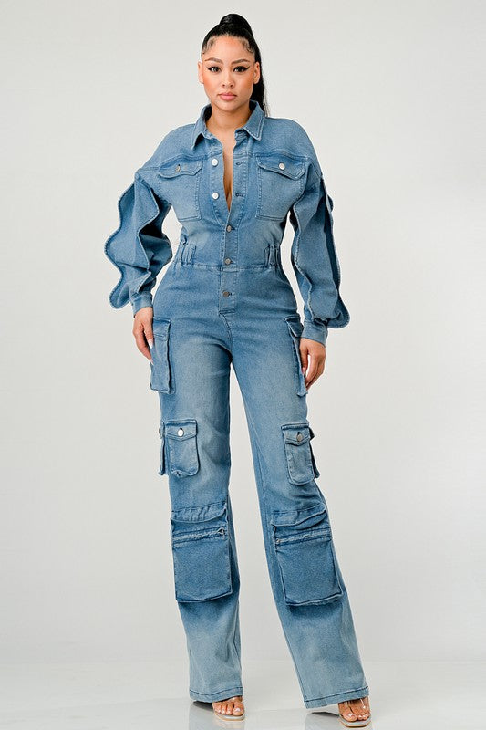 ATHINA FAMOUS DENIM CARGO RUFFLE SLEEVE JUMPSUIT