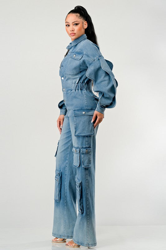 ATHINA FAMOUS DENIM CARGO RUFFLE SLEEVE JUMPSUIT