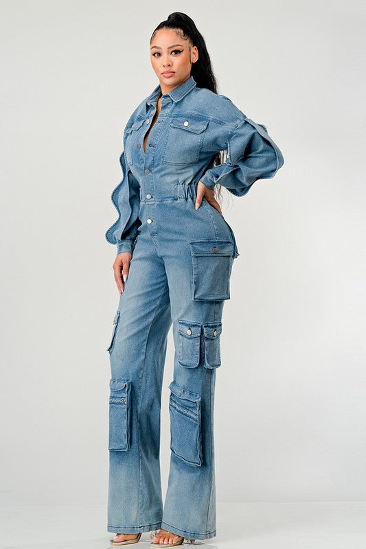 ATHINA FAMOUS DENIM CARGO RUFFLE SLEEVE JUMPSUIT