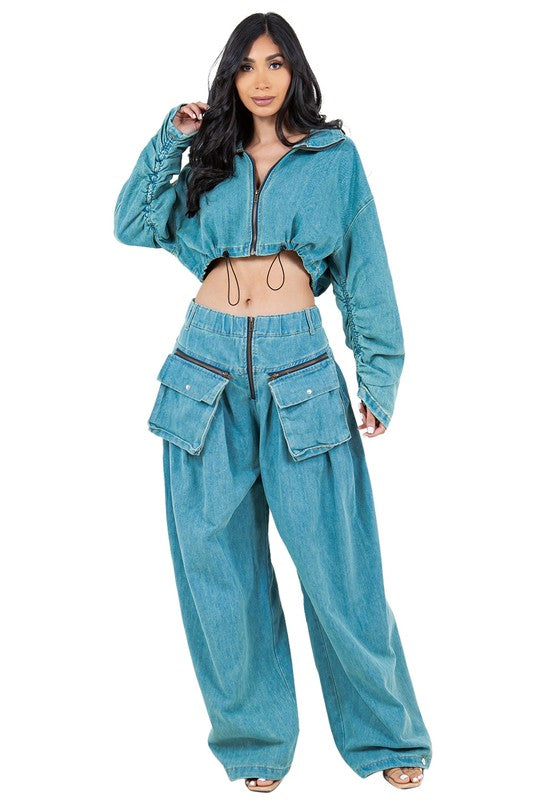 VINTAGE ZIPPER BAGGY DENIM TWO PIECE PANT SET