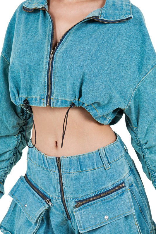 VINTAGE ZIPPER BAGGY DENIM TWO PIECE PANT SET