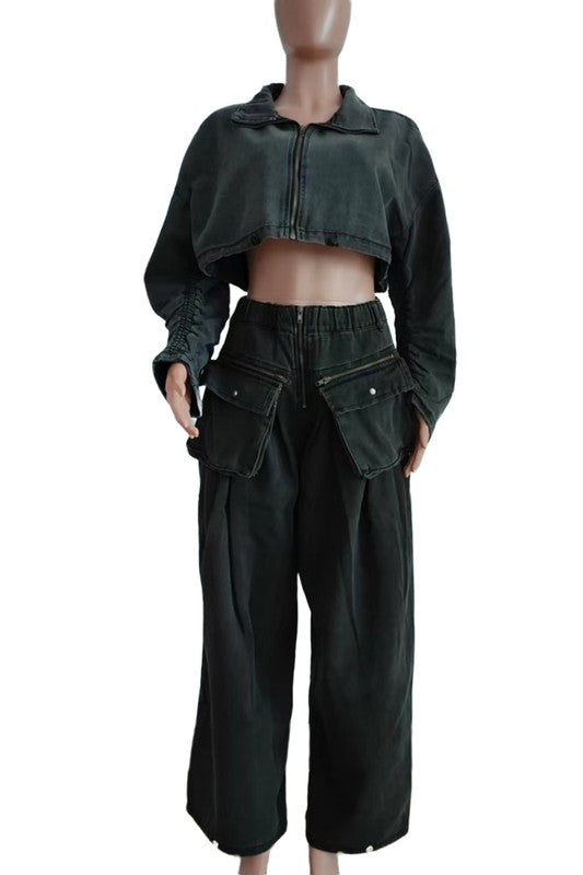 VINTAGE ZIPPER BAGGY DENIM TWO PIECE PANT SET