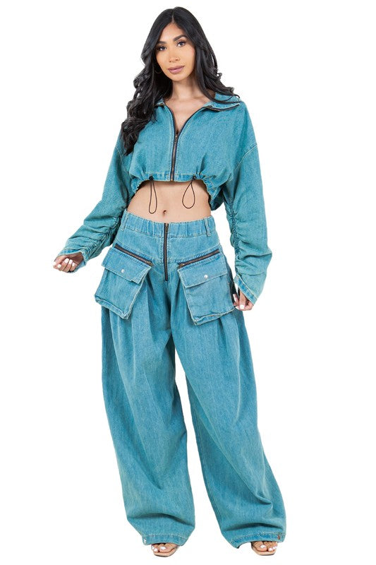 VINTAGE ZIPPER BAGGY DENIM TWO PIECE PANT SET