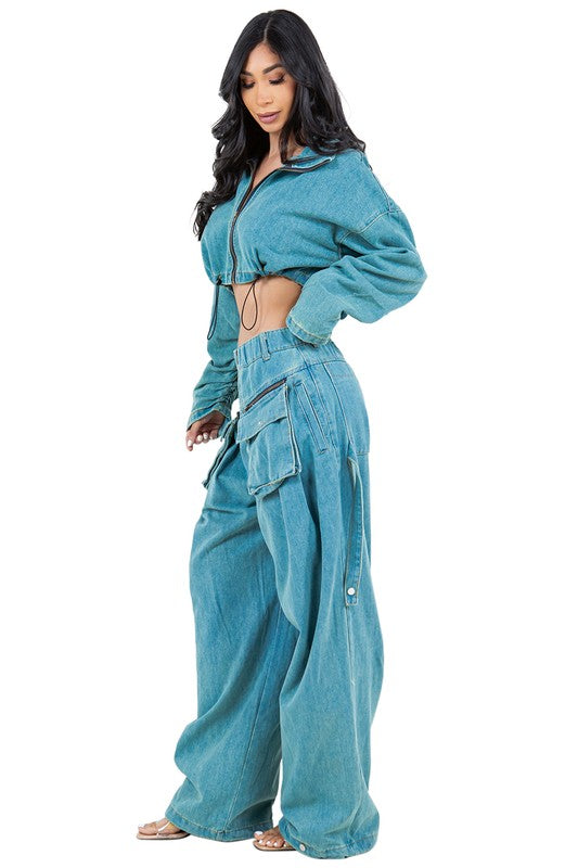 VINTAGE ZIPPER BAGGY DENIM TWO PIECE PANT SET