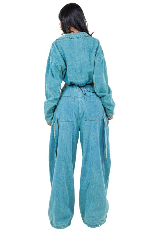 VINTAGE ZIPPER BAGGY DENIM TWO PIECE PANT SET