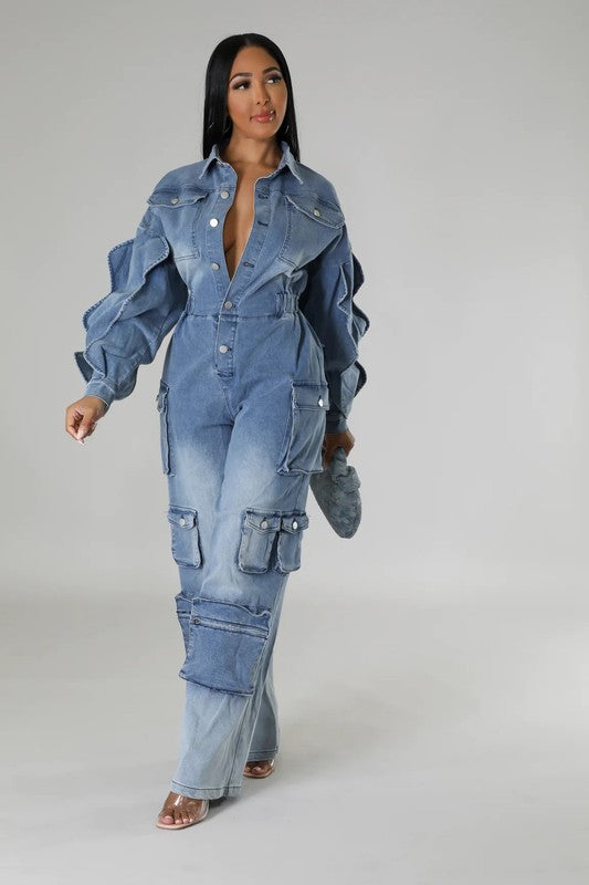 ATHINA FAMOUS DENIM CARGO RUFFLE SLEEVE JUMPSUIT