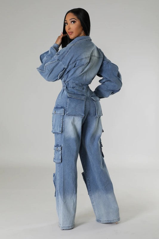 ATHINA FAMOUS DENIM CARGO RUFFLE SLEEVE JUMPSUIT