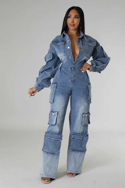 ATHINA FAMOUS DENIM CARGO RUFFLE SLEEVE JUMPSUIT