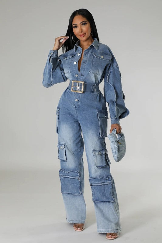 ATHINA FAMOUS DENIM CARGO RUFFLE SLEEVE JUMPSUIT