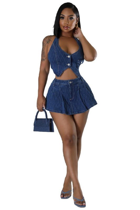 TURNIN' HEADS DENIM TWO PIECE SHORT SET