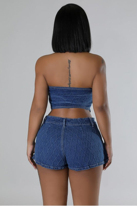 TURNIN' HEADS DENIM TWO PIECE SHORT SET