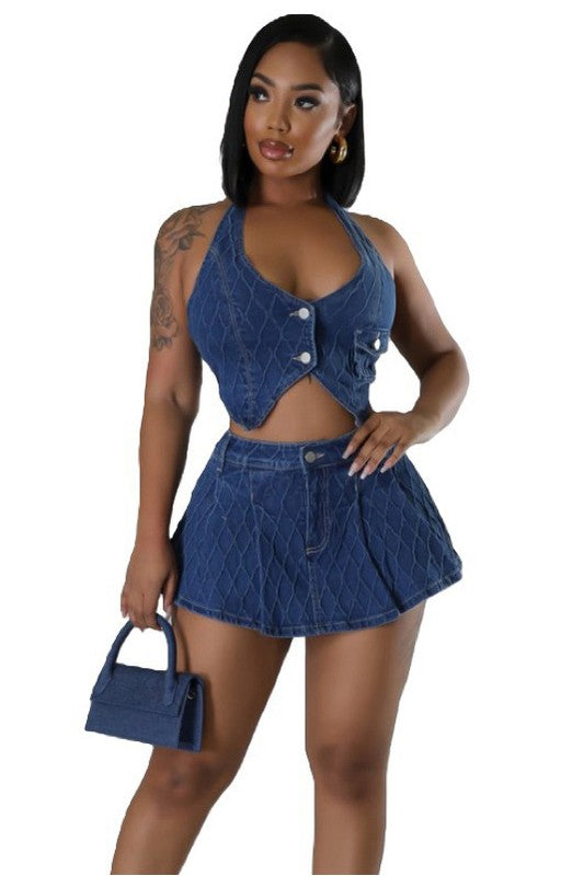 TURNIN' HEADS DENIM TWO PIECE SHORT SET